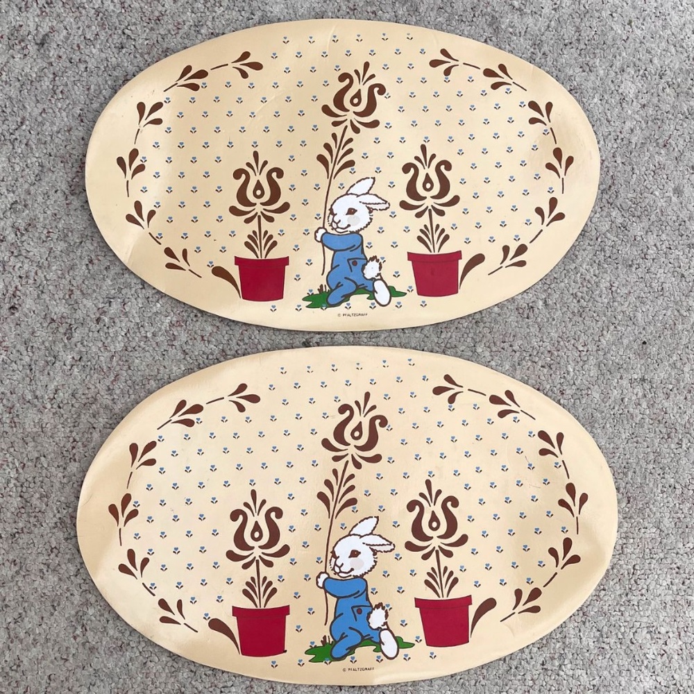 Two Vintage 1980's Vinyl Pfaltzgraff Village Bunny Placemats 17.5" X 11"